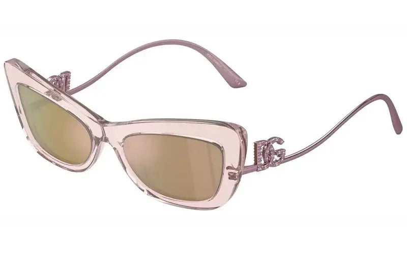 Dolce & Gabbana 0DG4467B stylish cat-eye sunglasses with a pink frame and reflective lenses.