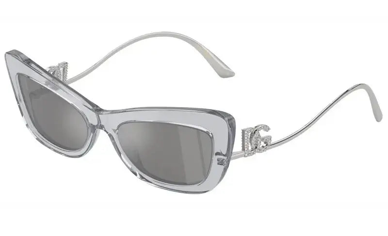 Dolce & Gabbana 0DG4467B silver cat-eye sunglasses with logo detail and gradient lenses.