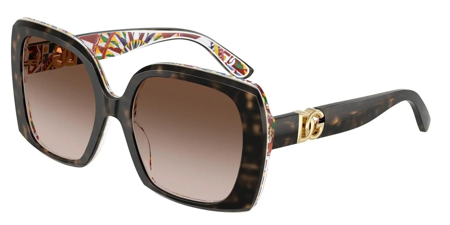 Dolce & Gabbana 0DG4475 oversized sunglasses with brown gradient lenses and decorative patterned arms. Stylish fashion accessory.