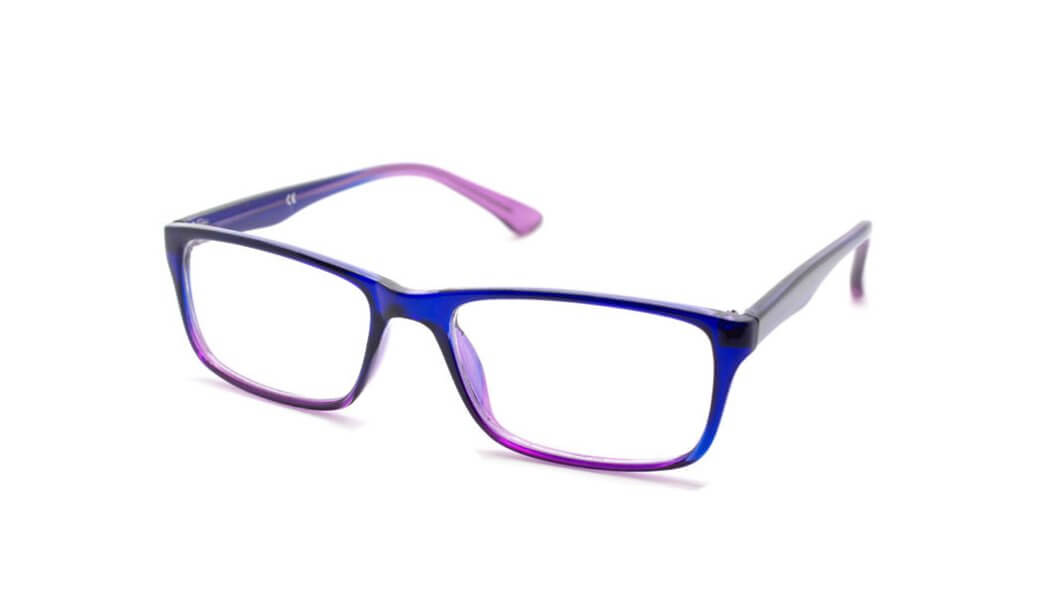 Stylish OL18 prescription glasses with bold blue and purple frames, perfect for everyday wear.