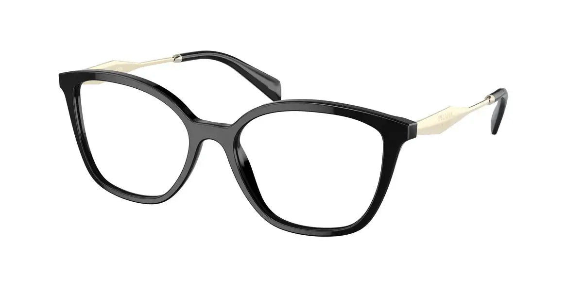 Prada 0PR 02ZV black cat-eye glasses featuring elegant detailing and stylish design. Perfect for a chic look.