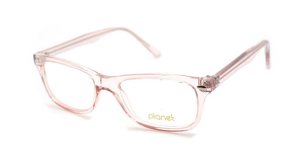 Stylish pink transparent eyeglasses from Planet, perfect for fashion-forward vision wearers.