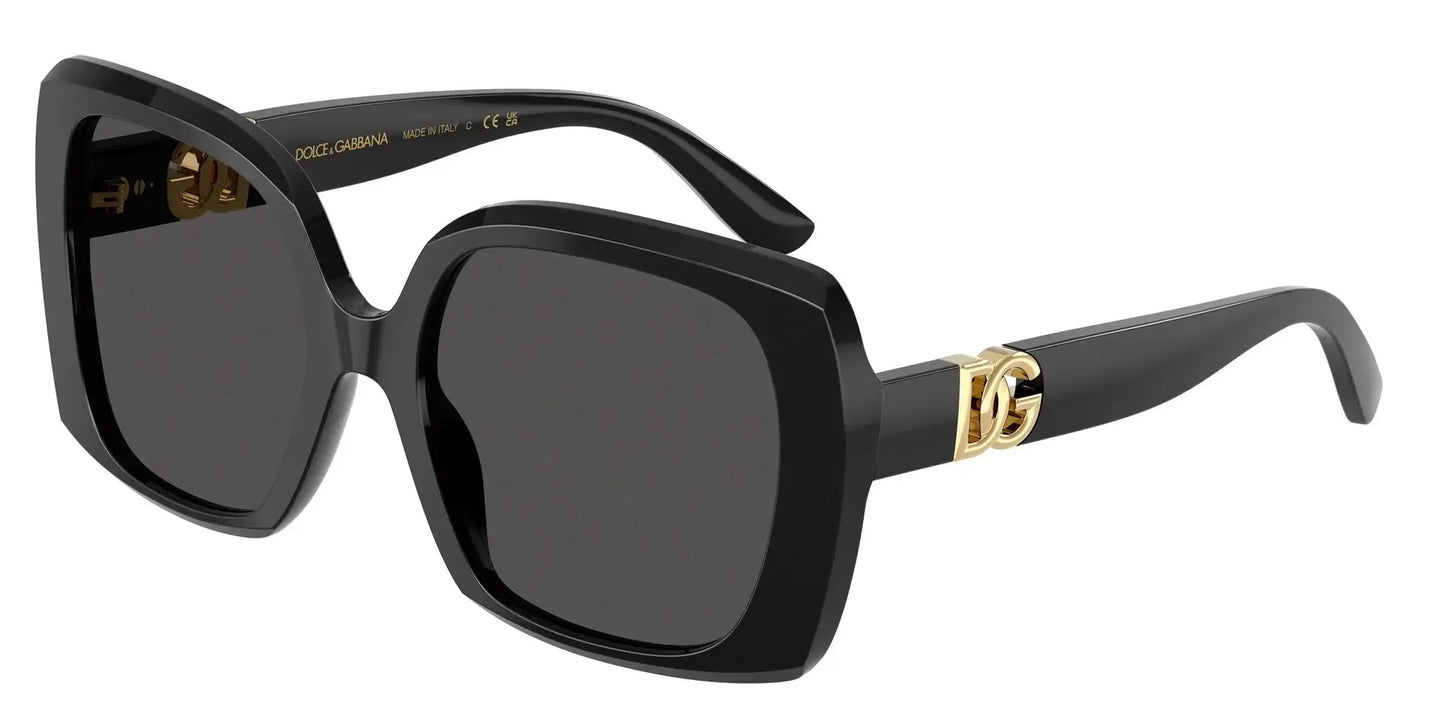 Dolce & Gabbana 0DG4475 oversized black sunglasses with gold logo detail, stylish and luxurious eyewear.