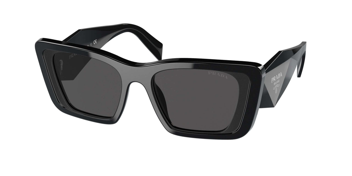 PRADA 0PR 08YS stylish black sunglasses featuring oversized geometric frames and dark lenses, perfect for fashion enthusiasts.