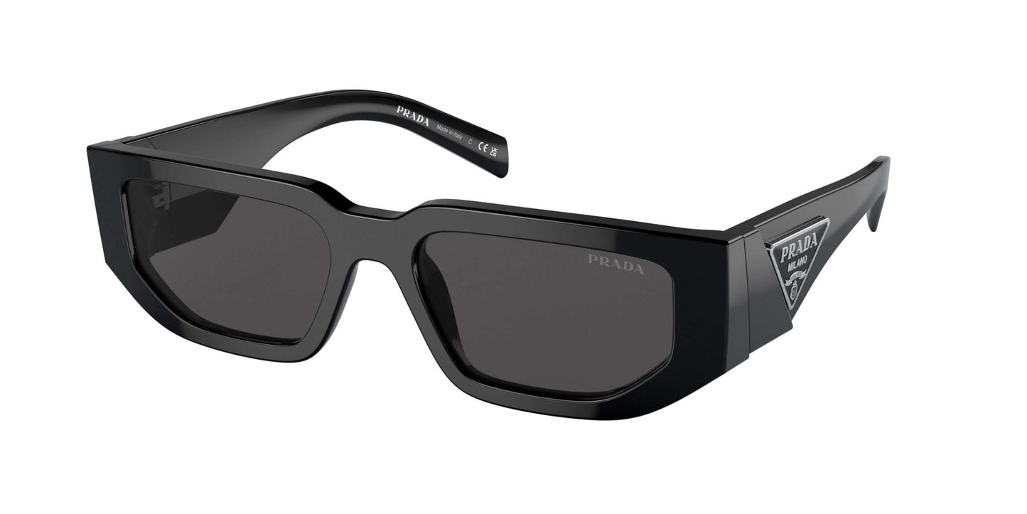 PRADA 0PR 09ZS black sunglasses with geometric frame and logo detail. Stylish eyewear for fashion-forward individuals.