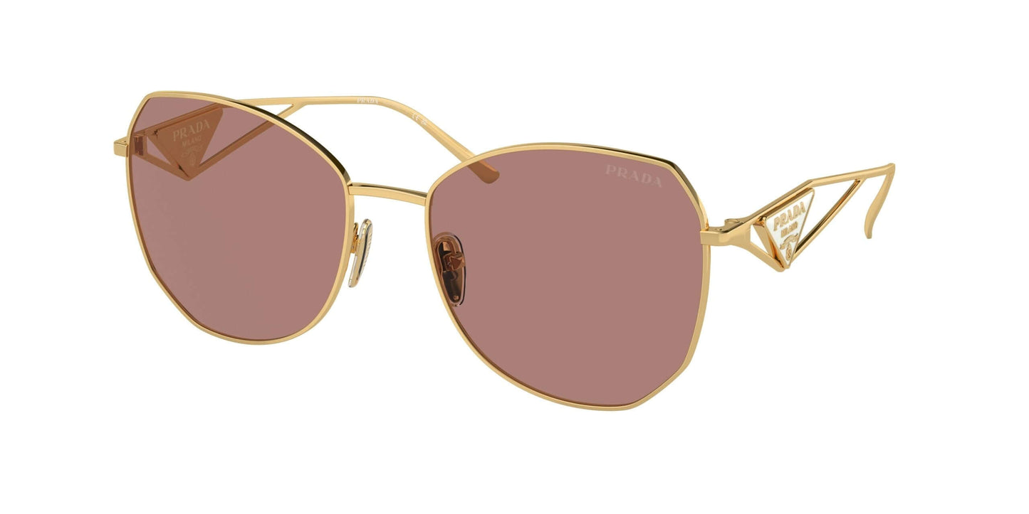 PRADA 0PR 57YS gold sunglasses with rose lenses, featuring a stylish cat-eye design for a chic look.