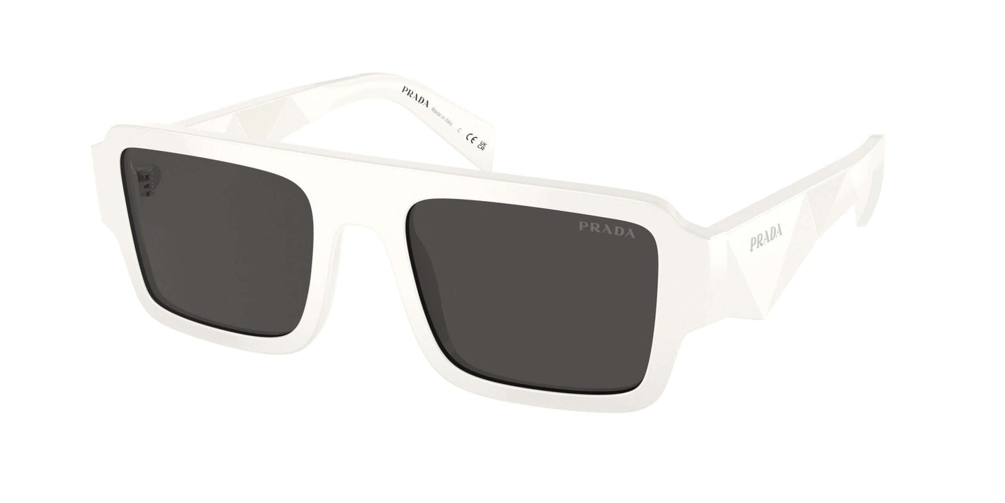 PRADA 0PR A05S sunglasses in white frame with black lenses, showcasing a modern, stylish design for fashion enthusiasts.