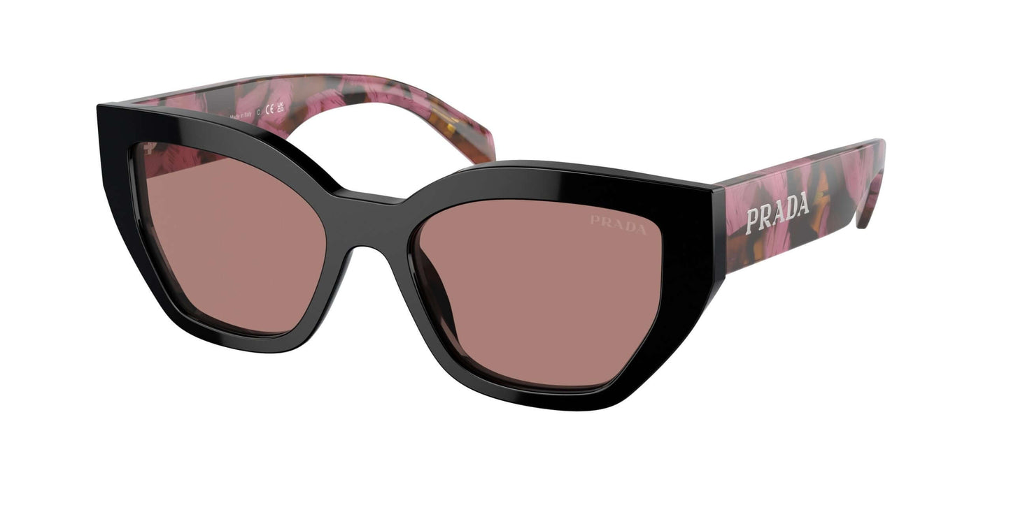 PRADA 0PR A09S sunglasses featuring stylish cat-eye design with black frames and colorful patterned temples.