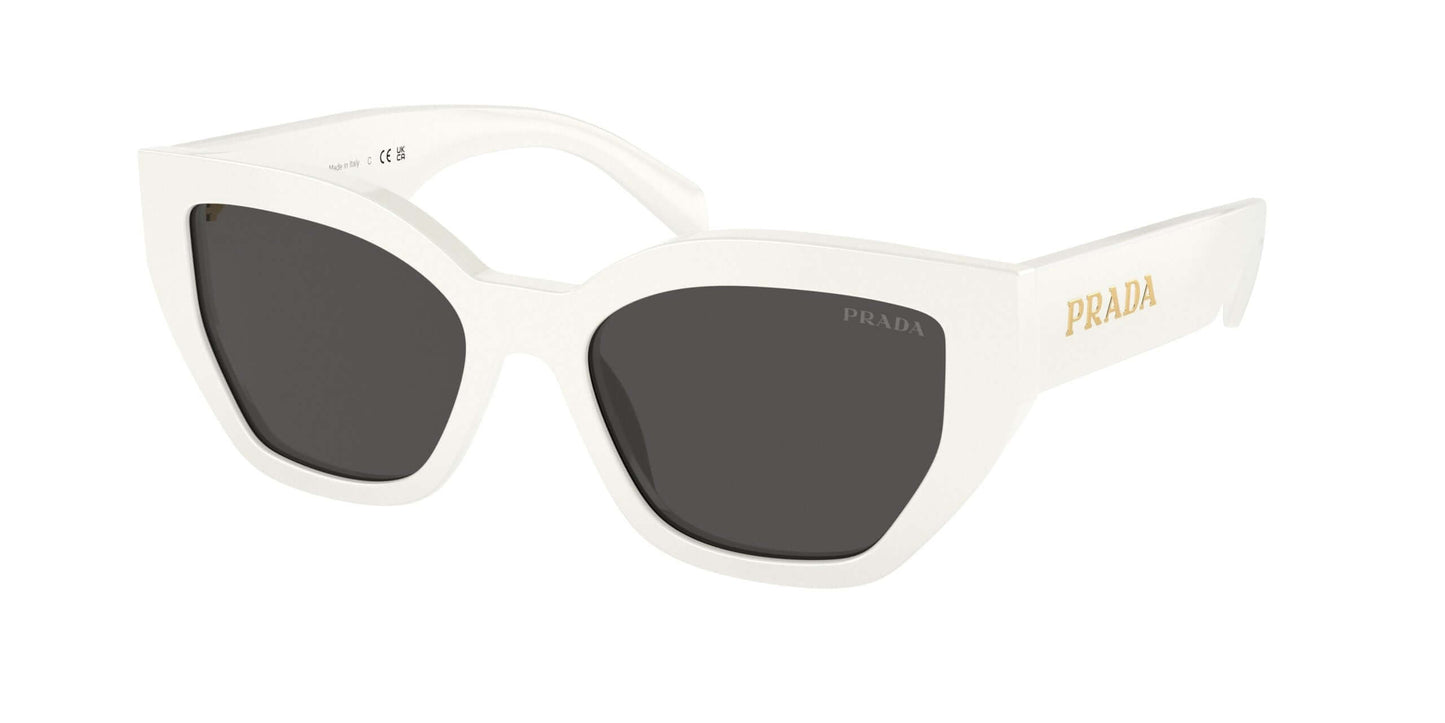PRADA 0PR A09S sunglasses in white with grey lenses and gold logo, stylish oversized cat-eye frame.