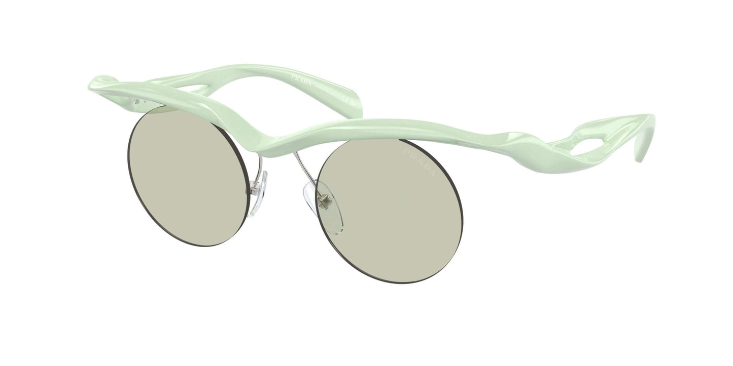 PRADA 0PR A18S stylish mint green sunglasses with round lenses and a unique frame design. Perfect for fashion enthusiasts.