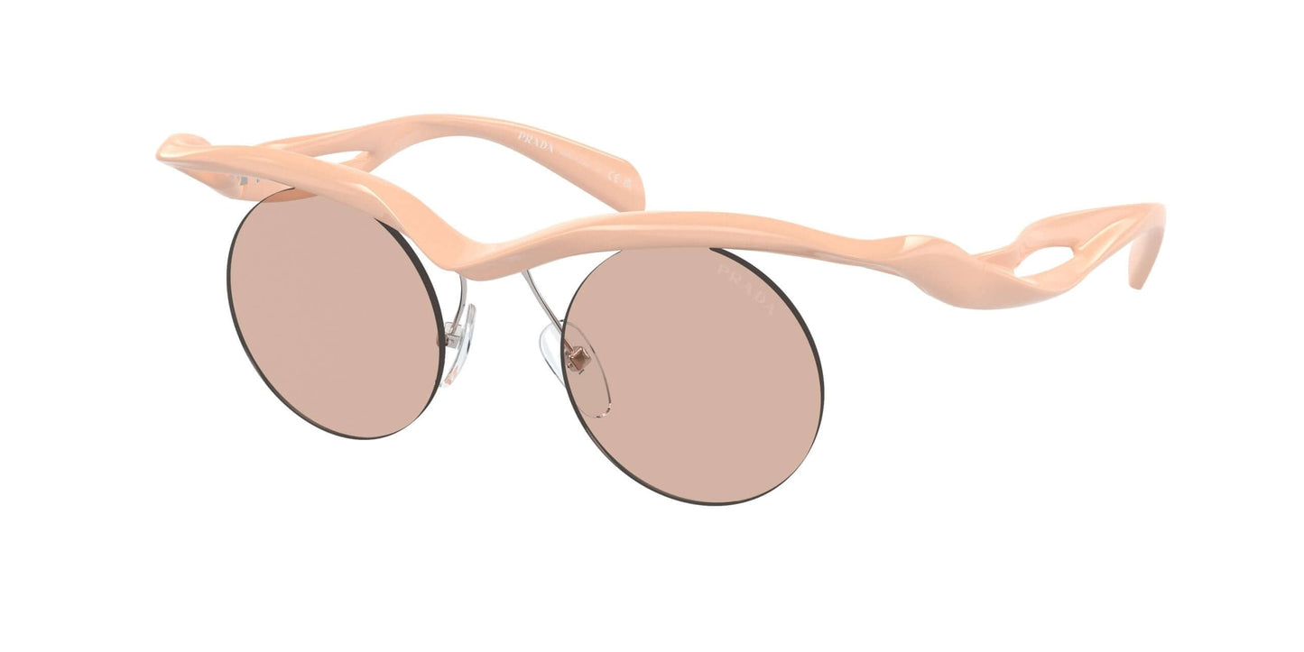 PRADA 0PR A18S sunglasses with unique wave-shaped frame and round lenses in soft peach color, perfect for stylish summer looks.