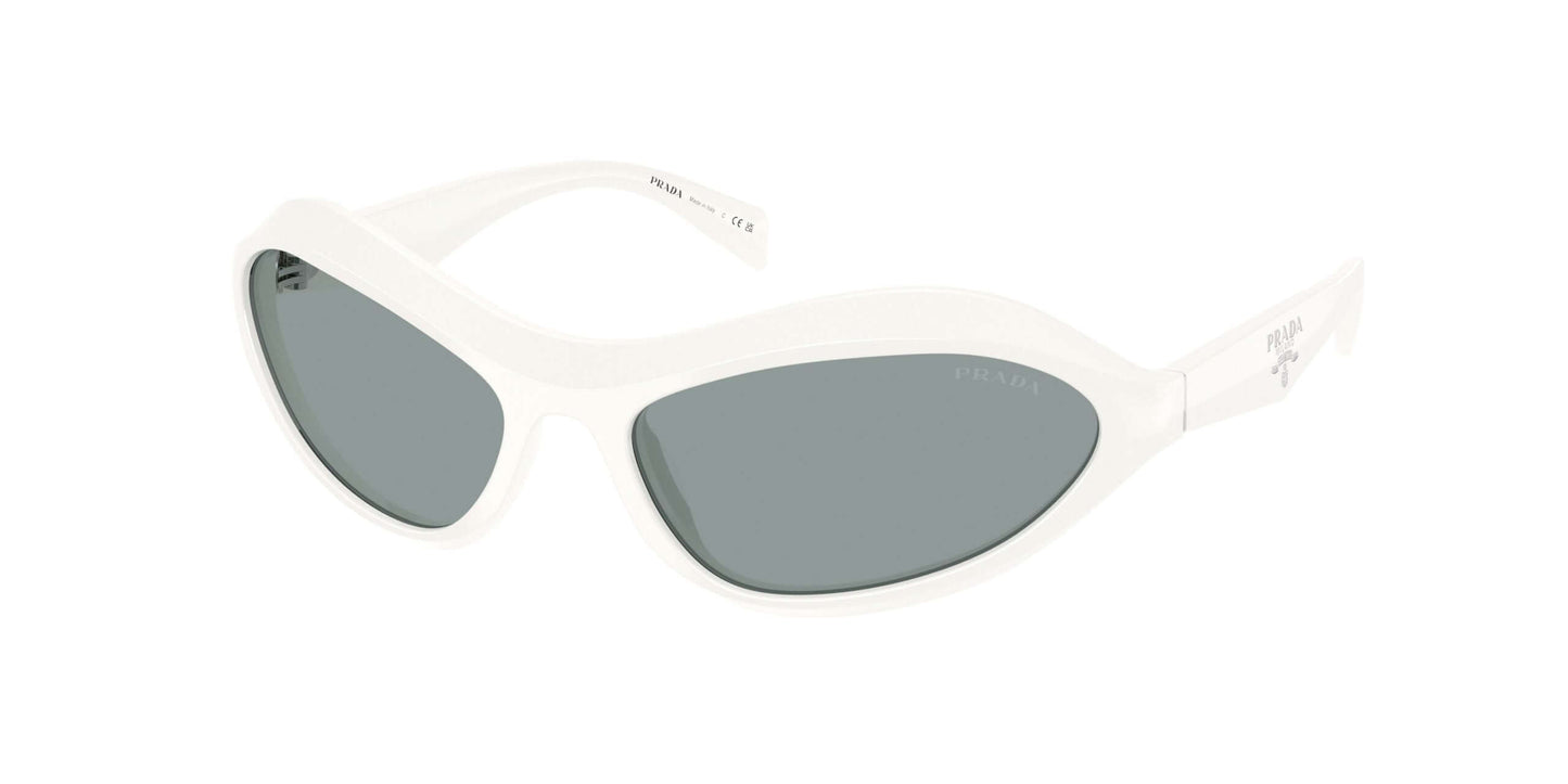 PRADA 0PR A20S stylish white sunglasses with gray lenses for a bold fashion statement.