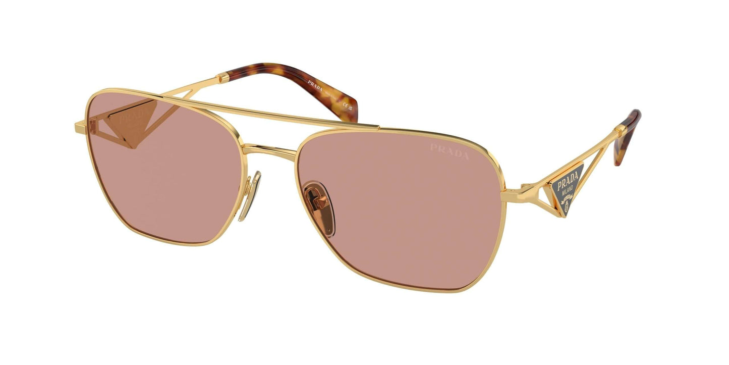 PRADA 0PR A50S sunglasses featuring a gold frame and pink lenses, perfect for stylish eyewear and prescription sunglasses.
