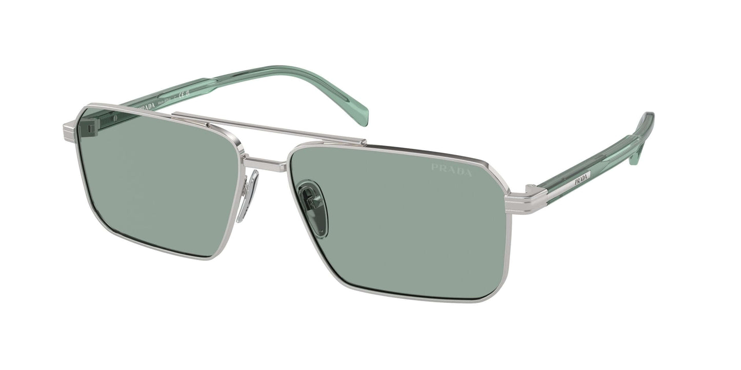 PRADA 0PR A57S sunglasses featuring a sleek silver frame and green lenses, perfect for stylish sun protection.