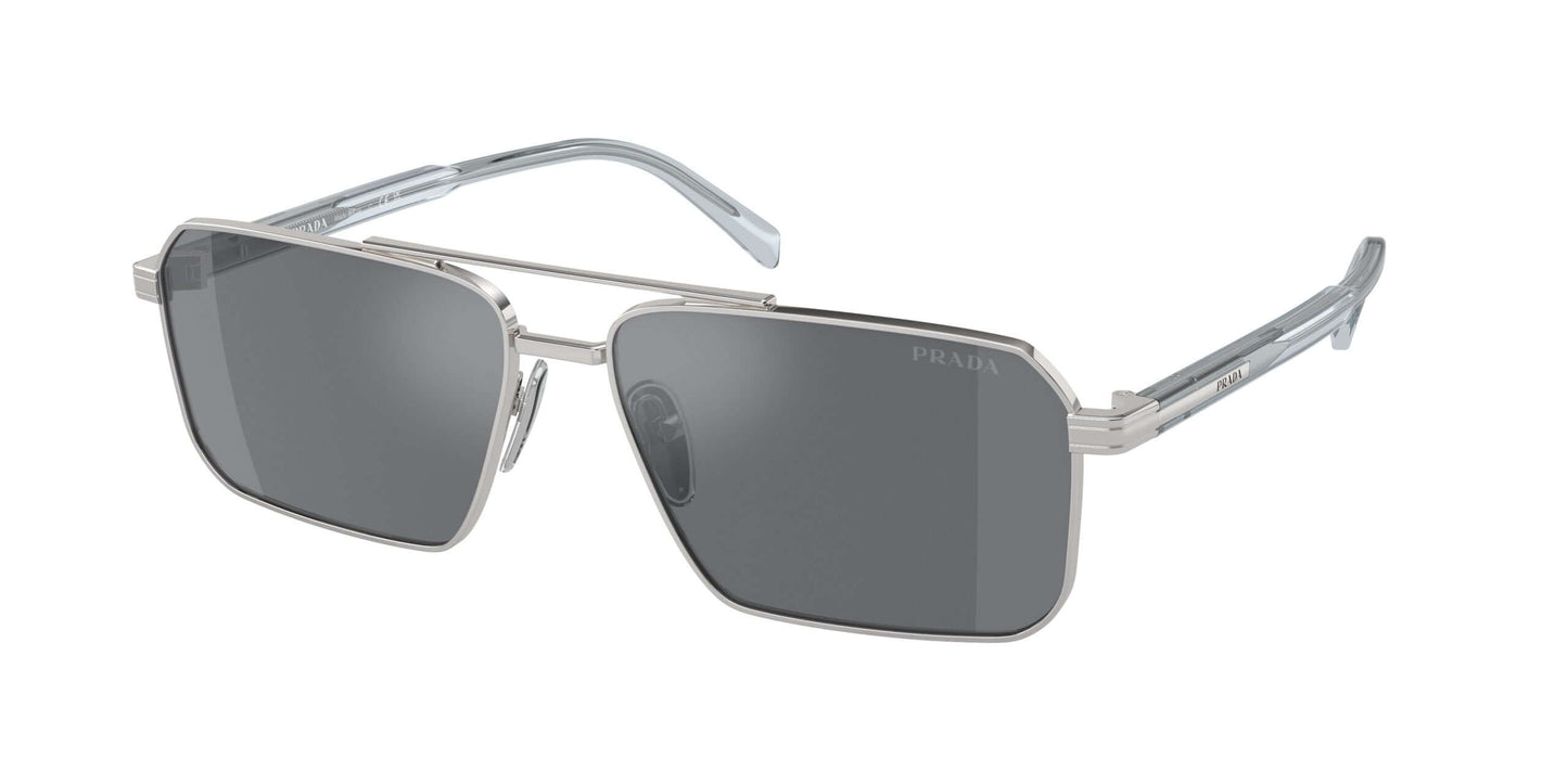 PRADA 0PR A57S stylish silver sunglasses with dark lenses and sleek rectangular frame design.