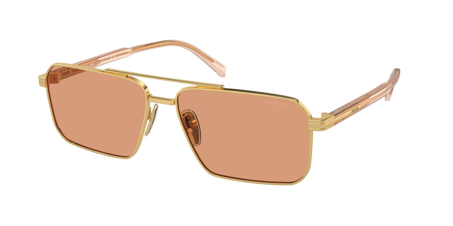 PRADA 0PR A57S sunglasses featuring gold frames and rose-tinted lenses, stylish and modern eyewear accessory.