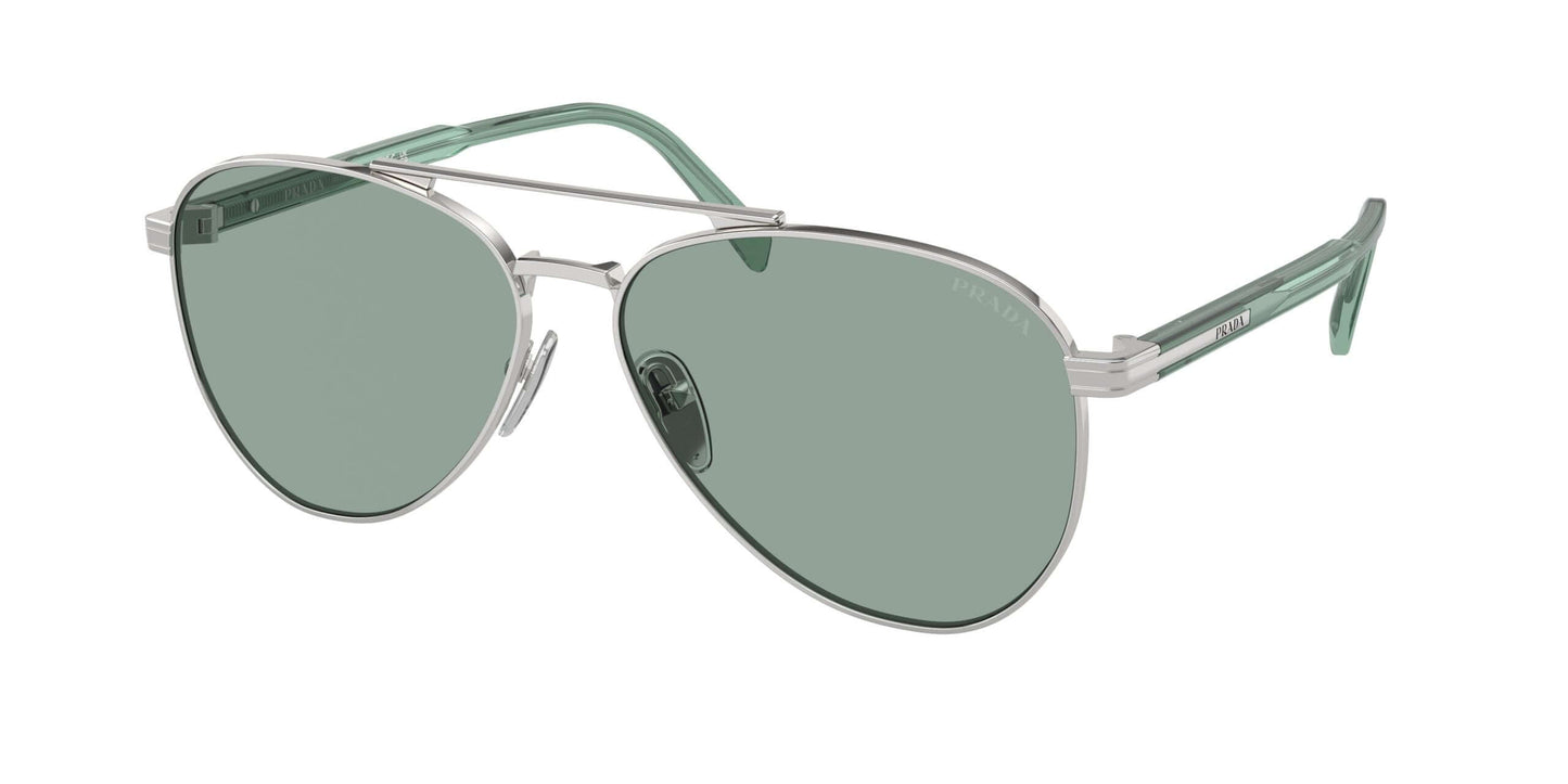 PRADA 0PR A58S sunglasses with green lenses and metallic silver frame, stylish eyewear for a chic look.