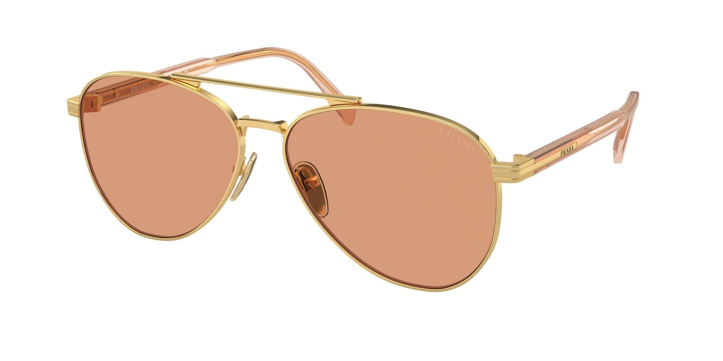 PRADA 0PR A58S aviator sunglasses with gold frame and pink lenses, stylish and modern eyewear accessory.