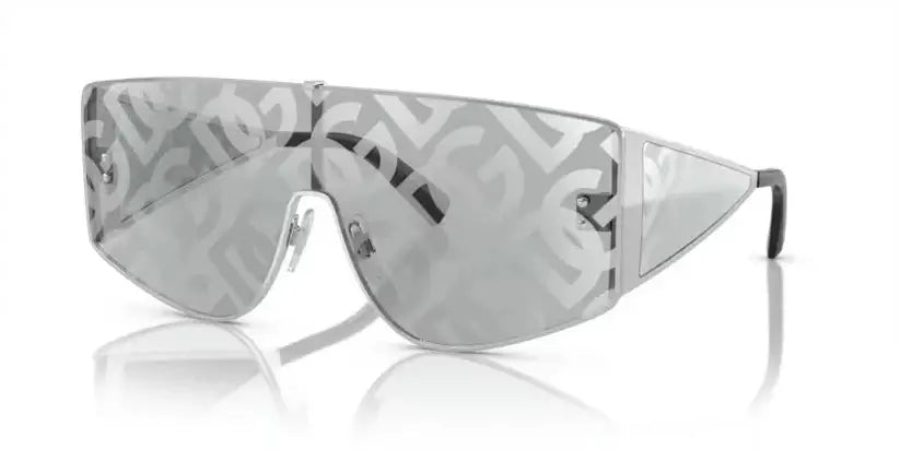 Dolce & Gabbana 0DG2305 silver sunglasses with logo-printed lenses and sleek, modern design.