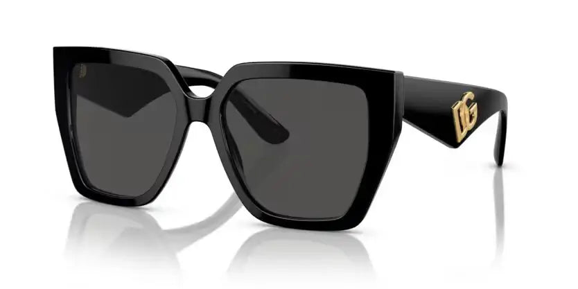 Dolce & Gabbana 0DG4438 black oversized sunglasses with gold logo detail, stylish and chic eyewear for fashion enthusiasts.