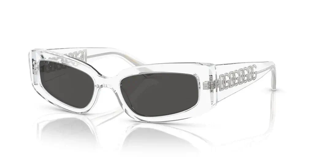 Dolce & Gabbana 0DG4445 sunglasses in clear frame with dark lenses, featuring stylish design and unique detailing.
