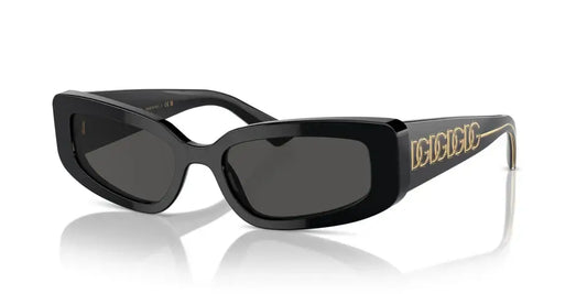Stylish Dolce & Gabbana 0DG4445 black sunglasses with gold logo, featuring a modern cat-eye shape and tinted lenses.
