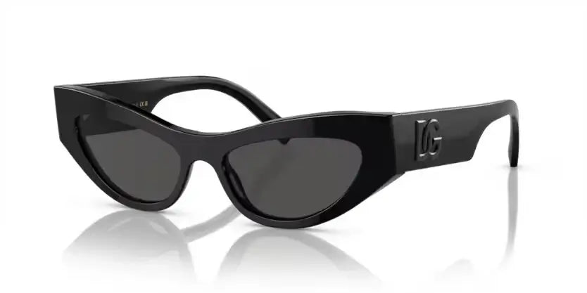 Dolce & Gabbana 0DG4450 cat-eye sunglasses with black frames and dark lenses, showcasing luxury eyewear design.