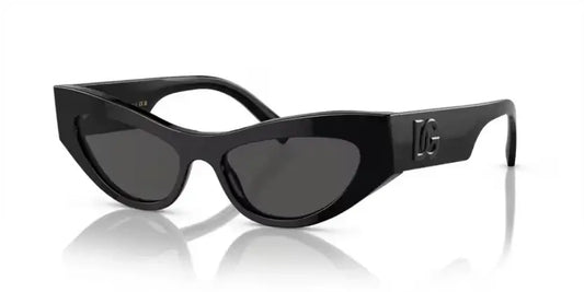 Dolce & Gabbana 0DG4450 cat-eye sunglasses with black frames and dark lenses, showcasing luxury eyewear design.