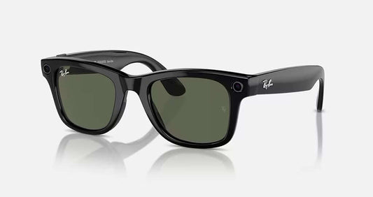 Ray-Ban Meta Wayfarer sunglasses in black frames with green lenses, stylish and iconic eyewear for any occasion.