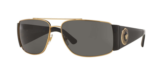 Versace 0VE2163 sunglasses featuring a stylish black frame with gold accents and gray lenses. Luxury eyewear for fashion lovers.