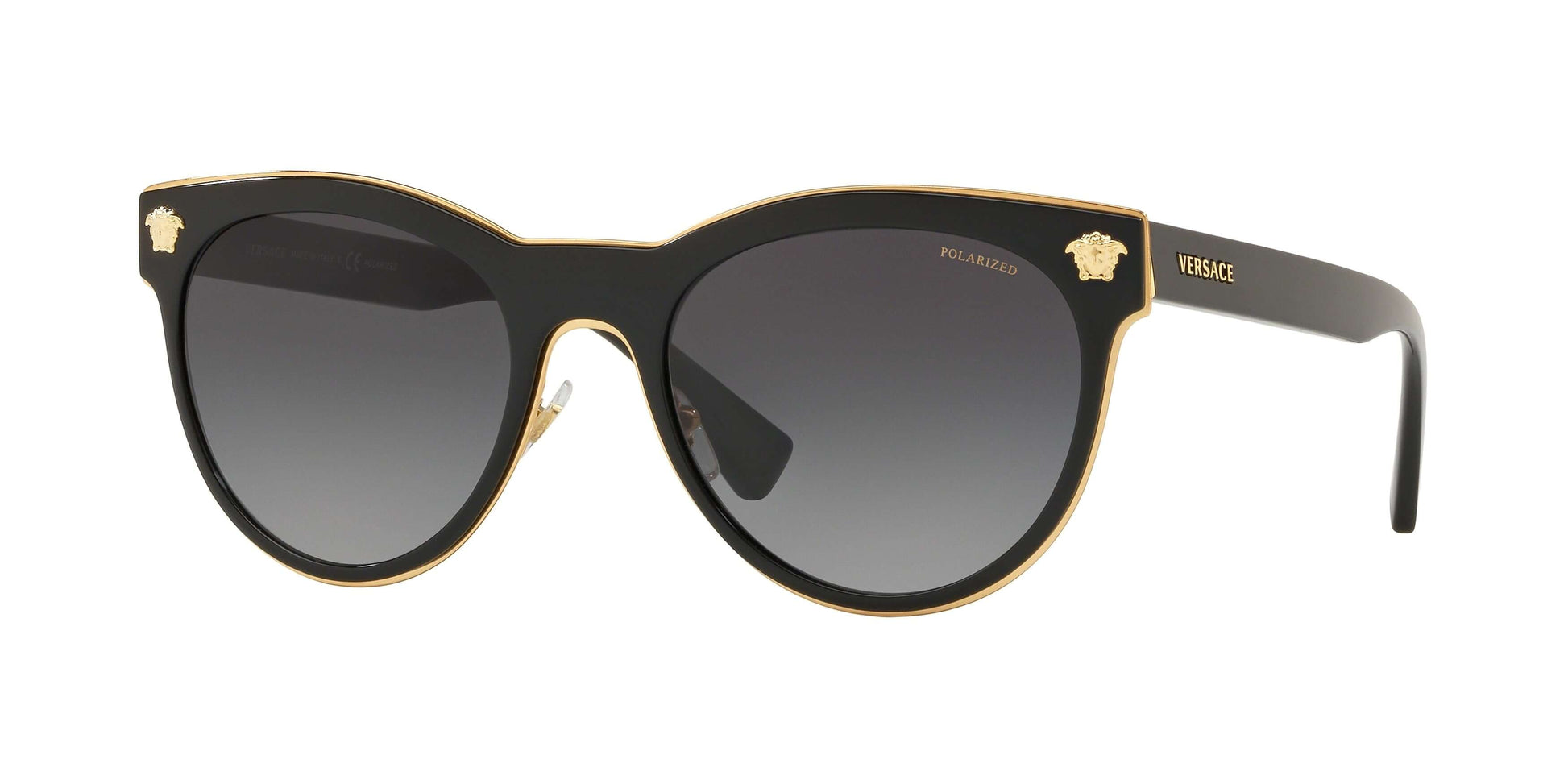 Versace 0VE2198 sunglasses featuring a stylish cat-eye design with gold accents and dark lenses.