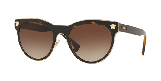 Versace 0VE2198 sunglasses featuring a stylish cat-eye design with gradient brown lenses and iconic logo embellishments.