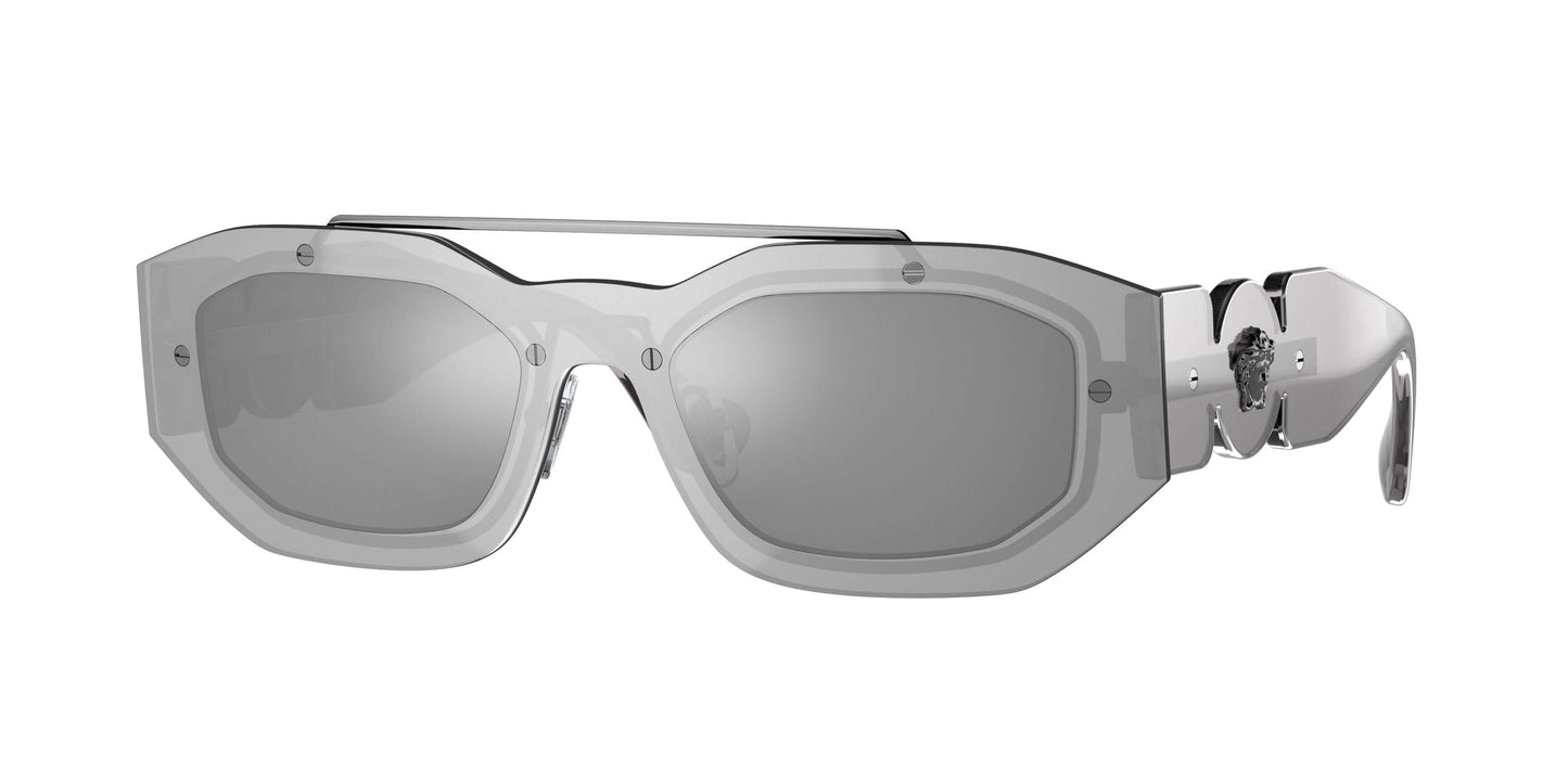 Versace 0VE2235 sunglasses with silver frames and grey lenses, showcasing a bold and stylish design ideal for fashion-forward individuals.