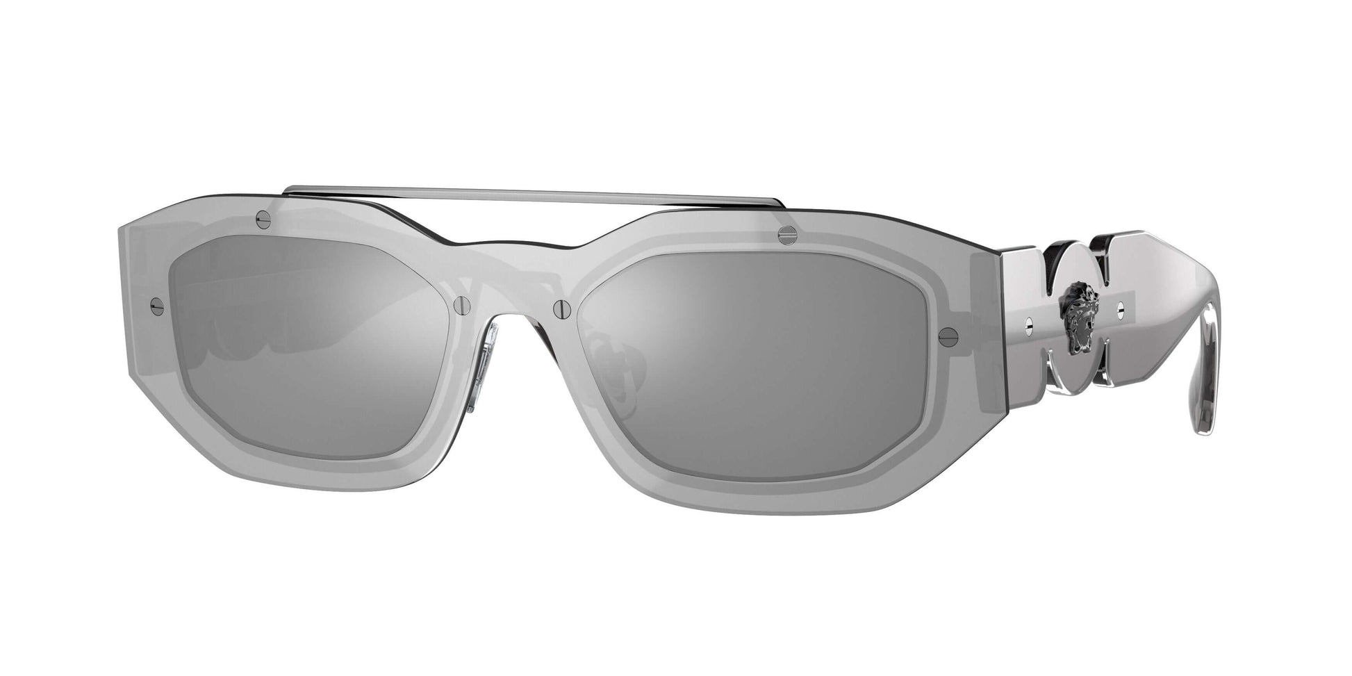 Versace 0VE2235 sunglasses with silver frames and grey lenses, showcasing a bold and stylish design ideal for fashion-forward individuals.