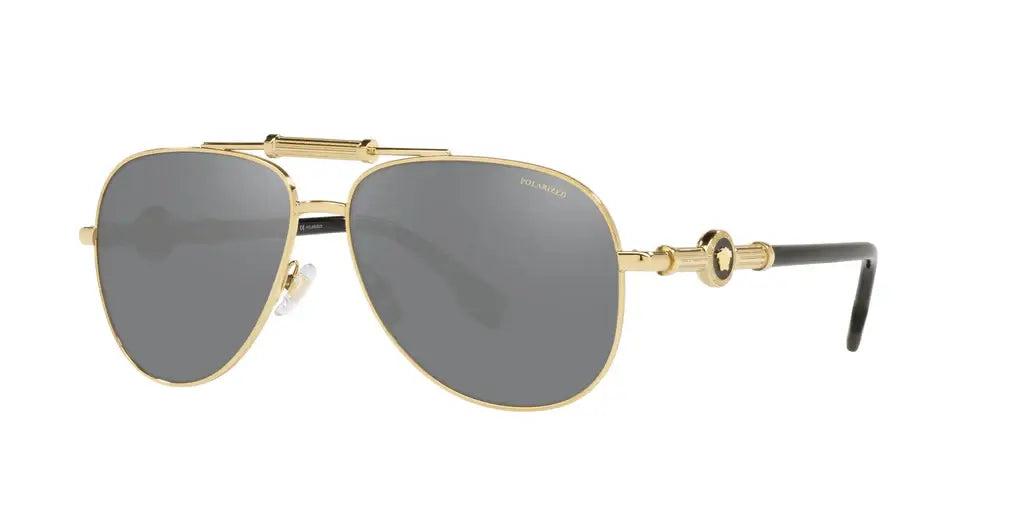 Versace 0VE2236 sunglasses with gold frame and gray lenses, featuring stylish aviator design and logo detailing.