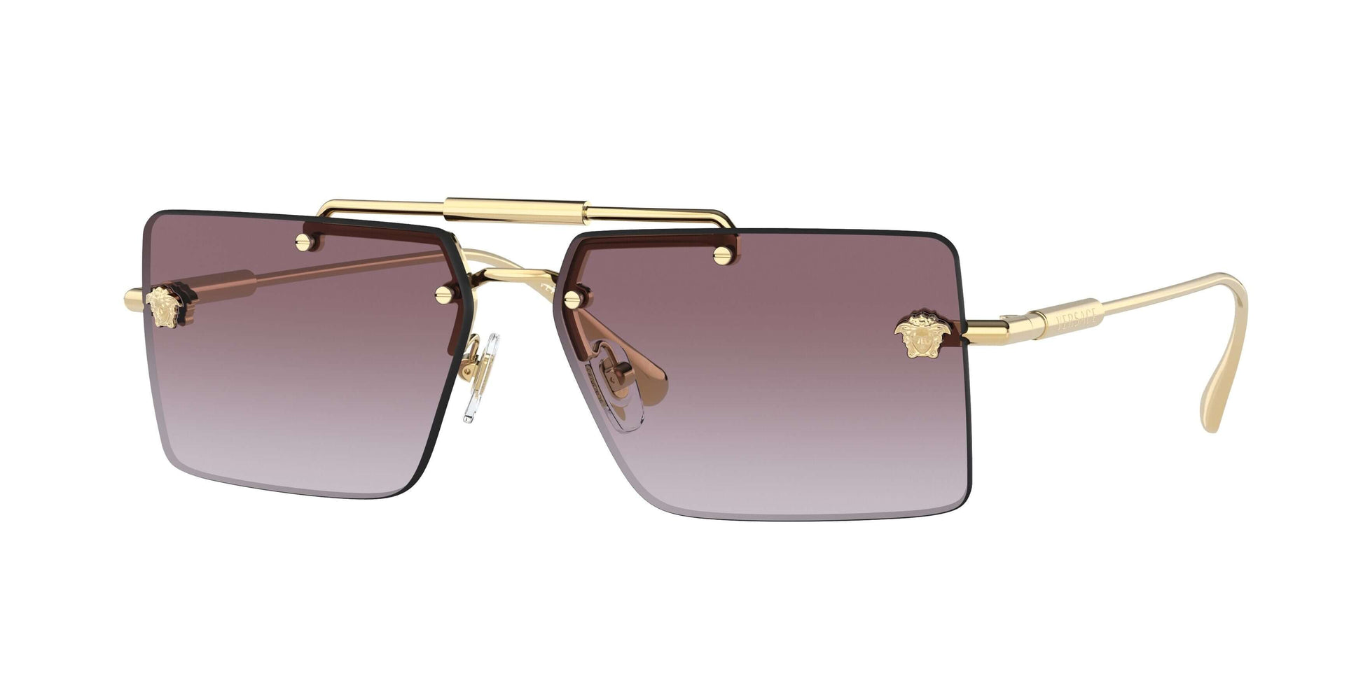 Versace 0VE2245 sunglasses featuring a bold square frame and gradient lenses in brown with gold accents.