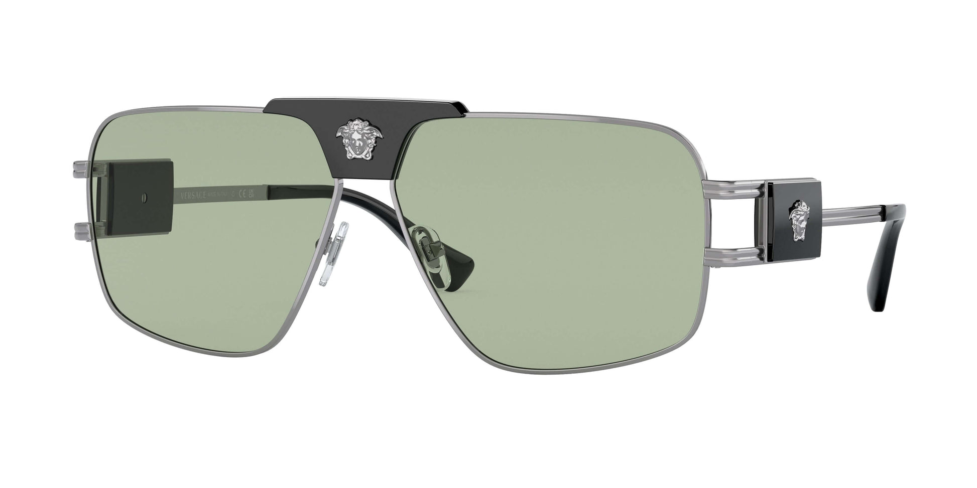 Versace 0VE2251 sunglasses featuring a sleek silver frame and green lenses, designed for a stylish look.