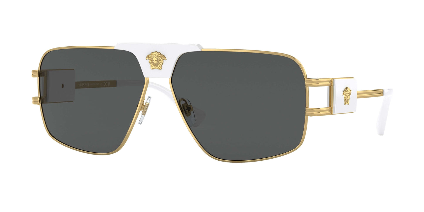 Versace 0VE2251 sunglasses featuring gold tones and bold white detailing, perfect for a luxurious style statement.