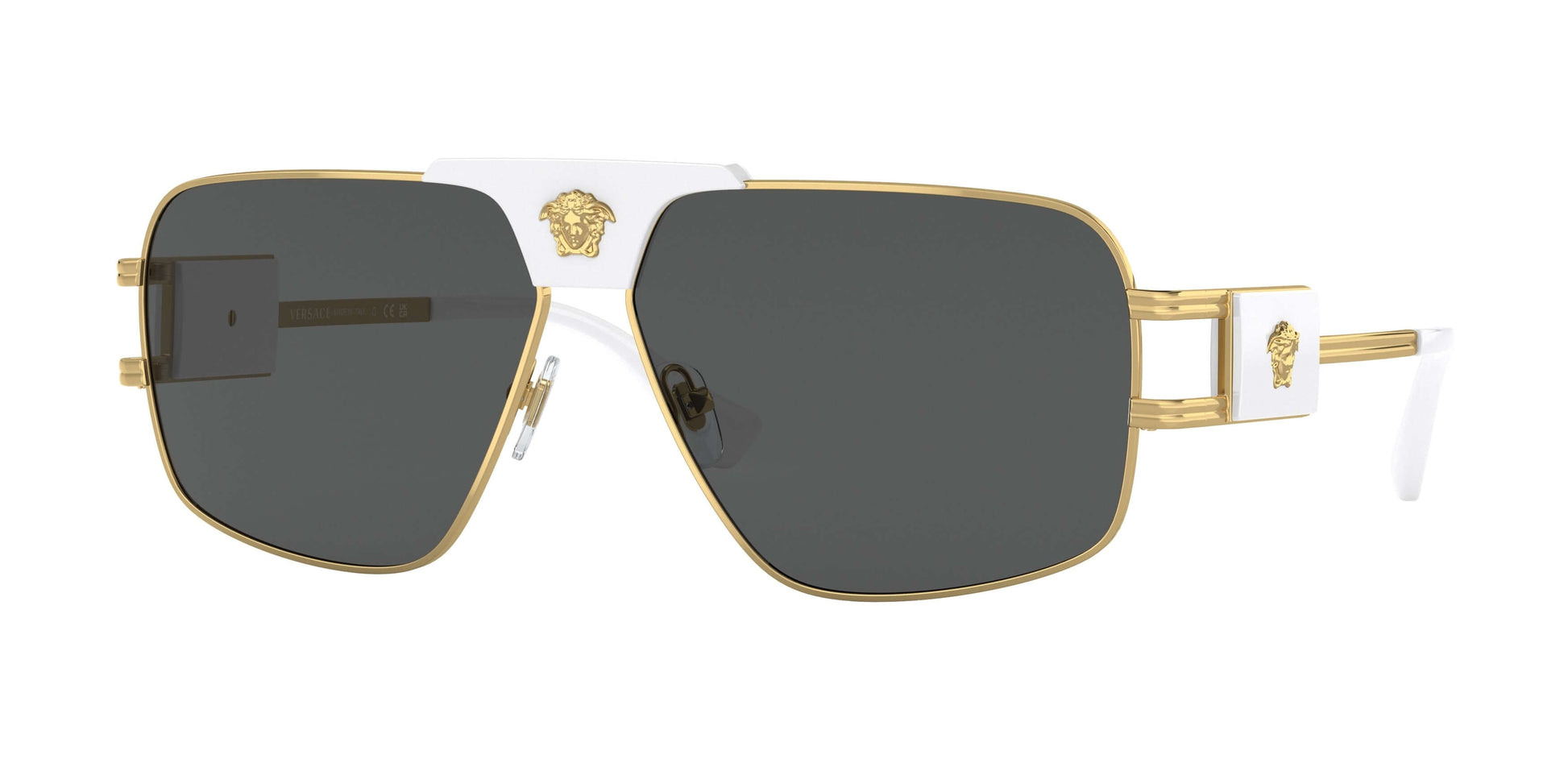 Versace 0VE2251 sunglasses featuring gold tones and bold white detailing, perfect for a luxurious style statement.