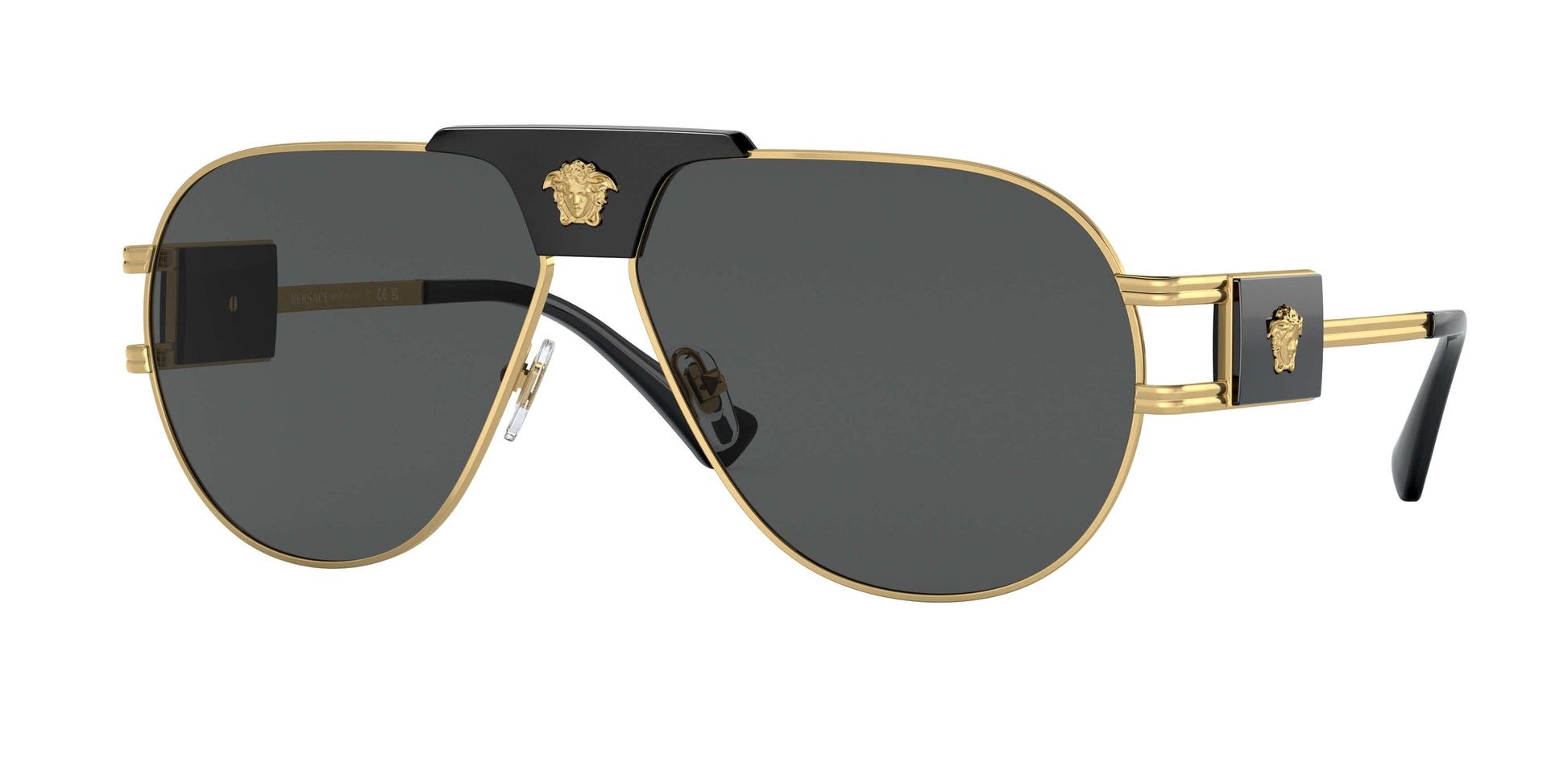 Versace 0VE2252 sunglasses featuring a sleek black and gold design with dark lenses for a stylish look.