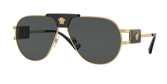 Versace 0VE2252 sunglasses featuring a sleek black and gold design with dark lenses for a stylish look.