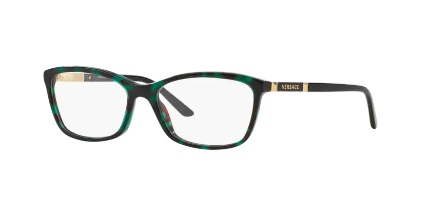 VERSACE 0VE3186 stylish eyeglasses with a black and green patterned frame and gold logo detail on the temple.