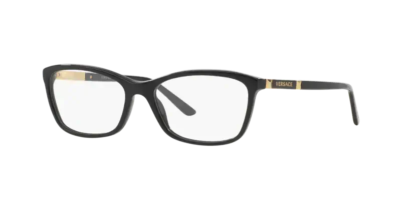 VERSACE 0VE3186 stylish black eyeglasses with gold accents and a classic rectangular shape.