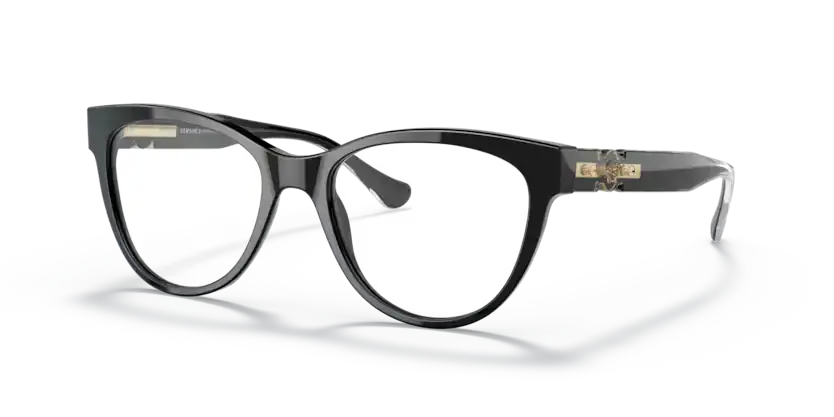 VERSACE 0VE3304 stylish black eyeglasses with clear lenses, featuring elegant design and premium quality.