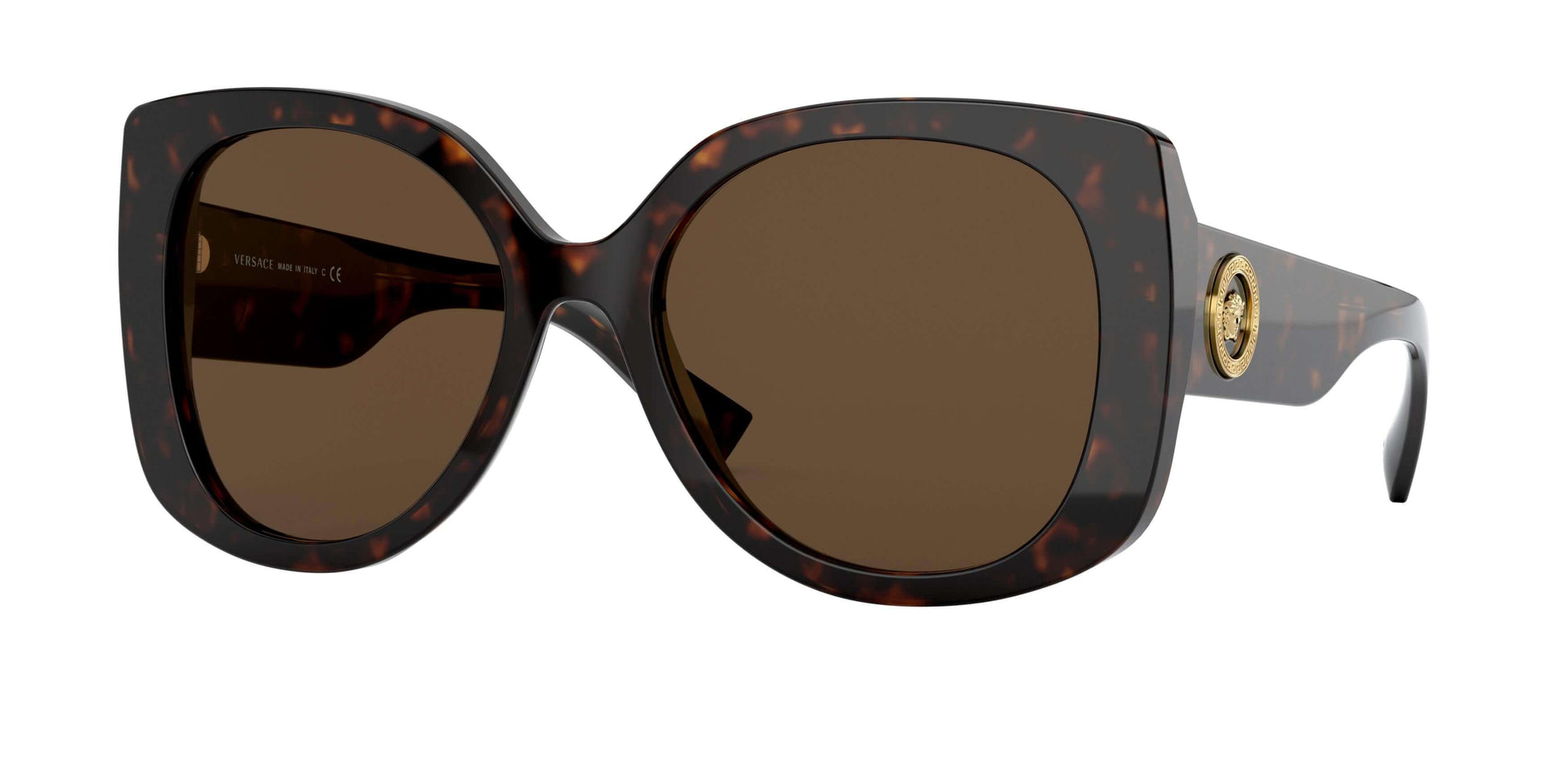 Versace 0VE4387 oversized sunglasses in tortoiseshell with brown lenses and gold logo accents. Stylish eyewear for bold fashion.