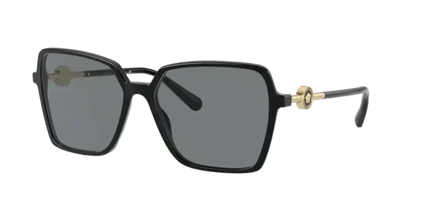 Versace 0VE4396 sunglasses with black frames and dark lenses, featuring the iconic gold logo detail.