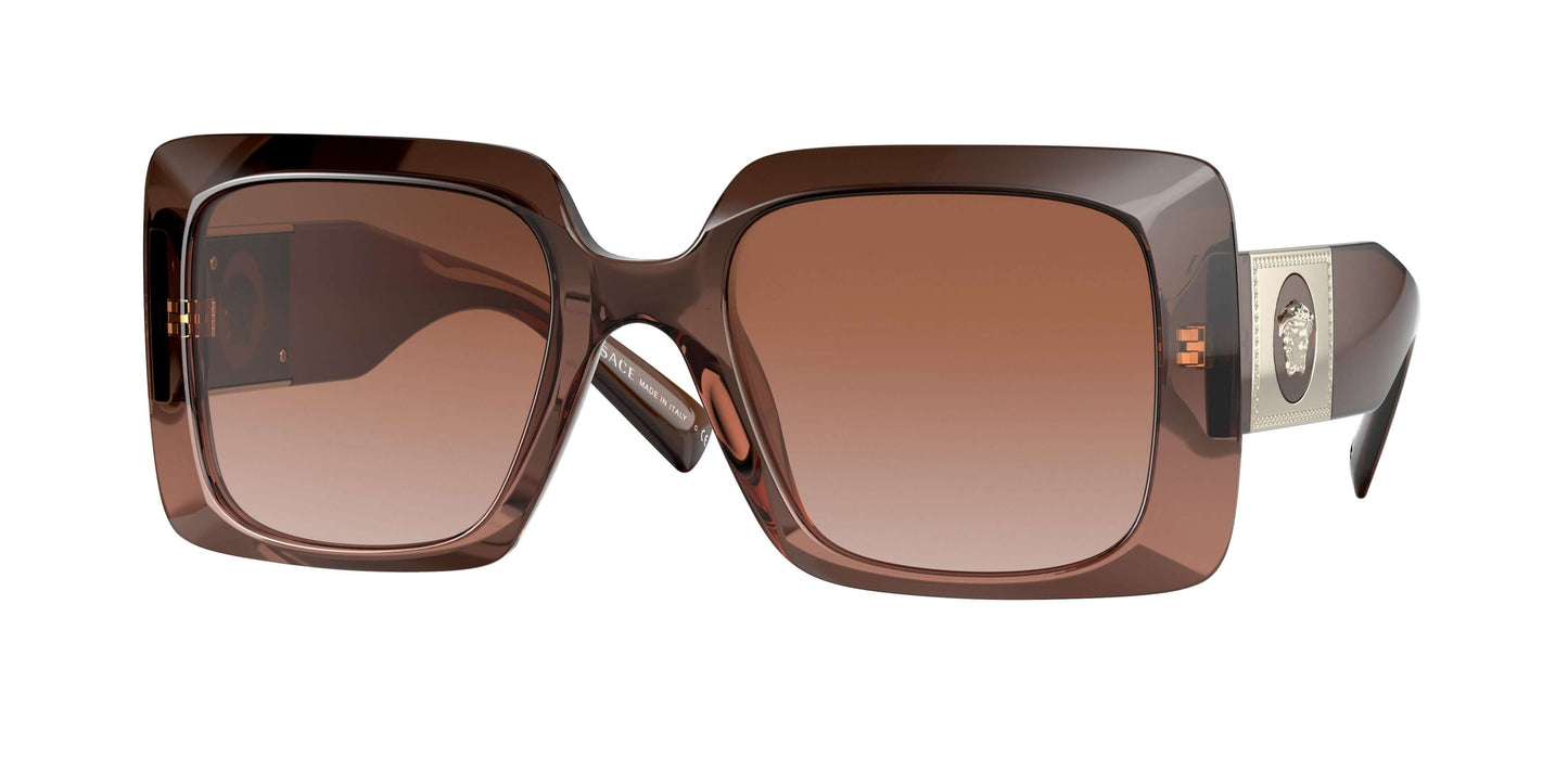Versace 0VE4405 oversized square sunglasses with gradient brown lenses and logo detail on the side.