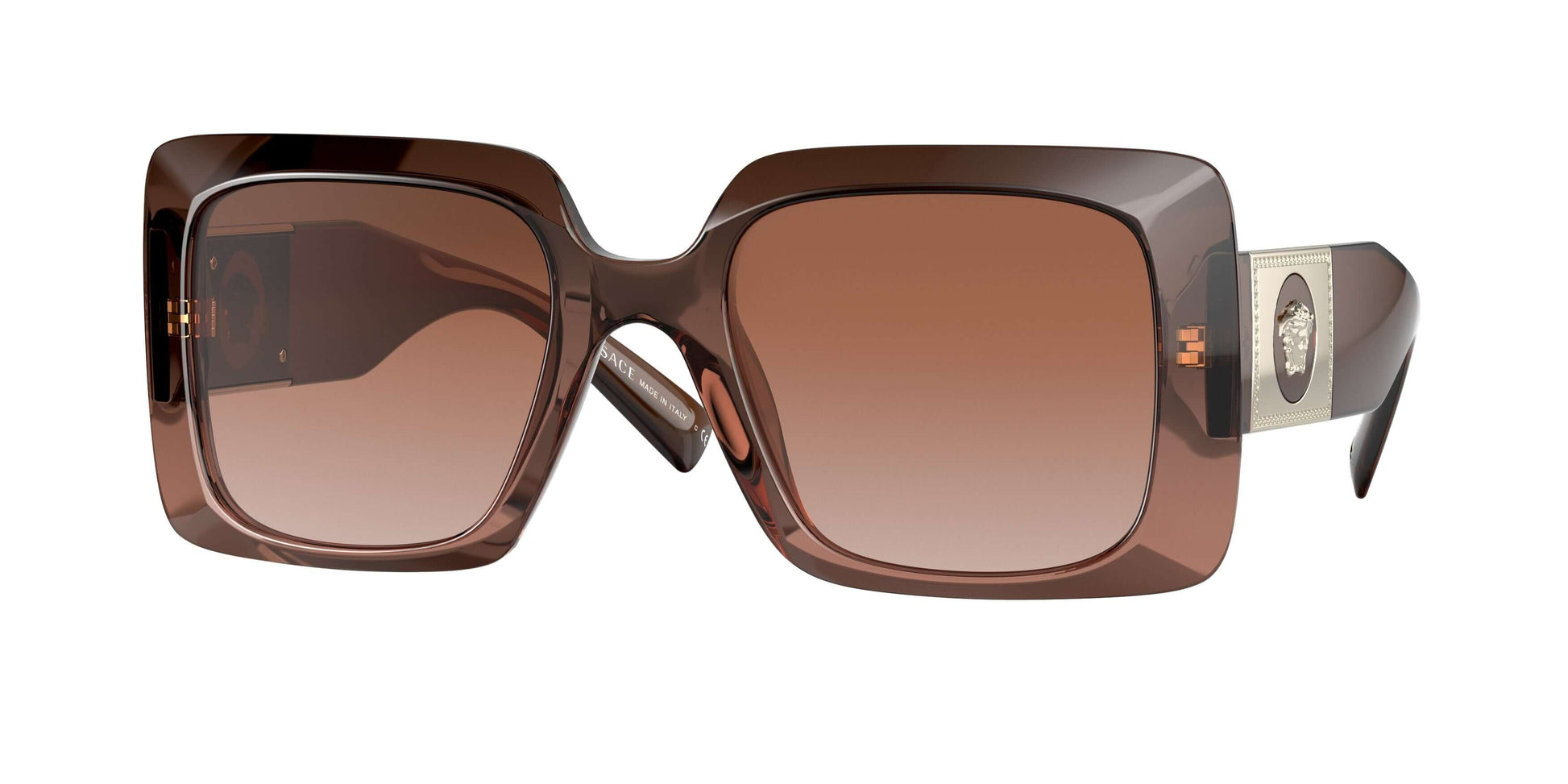 Versace 0VE4405 oversized square sunglasses with gradient brown lenses and logo detail on the side.