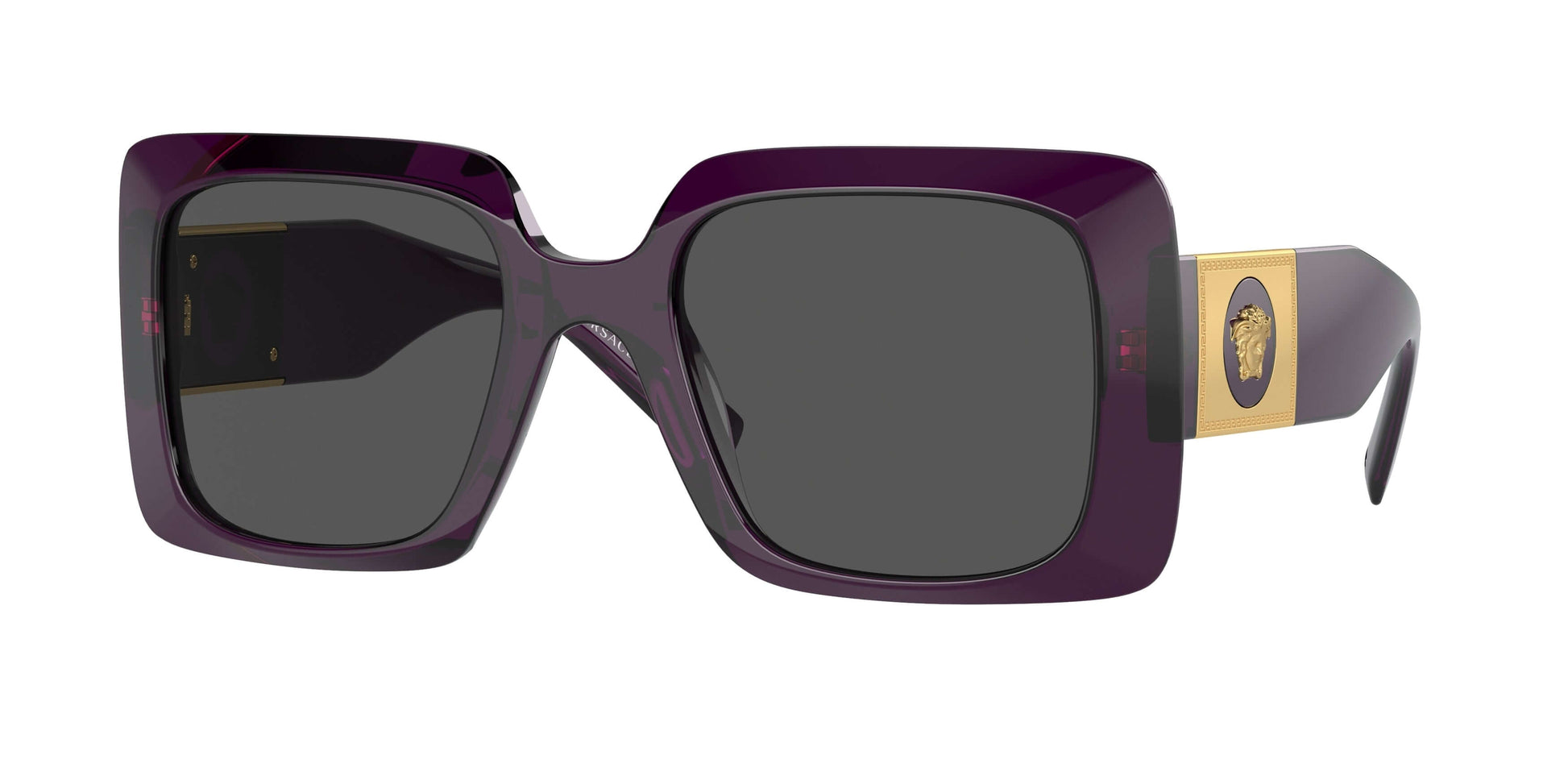 Versace 0VE4405 oversized sunglasses in dark purple with bold gold logo detail, stylish UV protection eyewear.