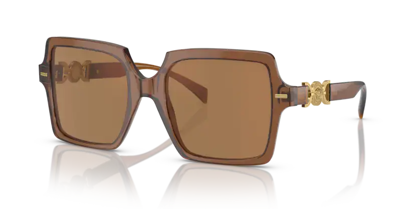 Versace 0VE4441 sunglasses featuring a stylish square frame and brown tinted lenses with iconic gold detailing.